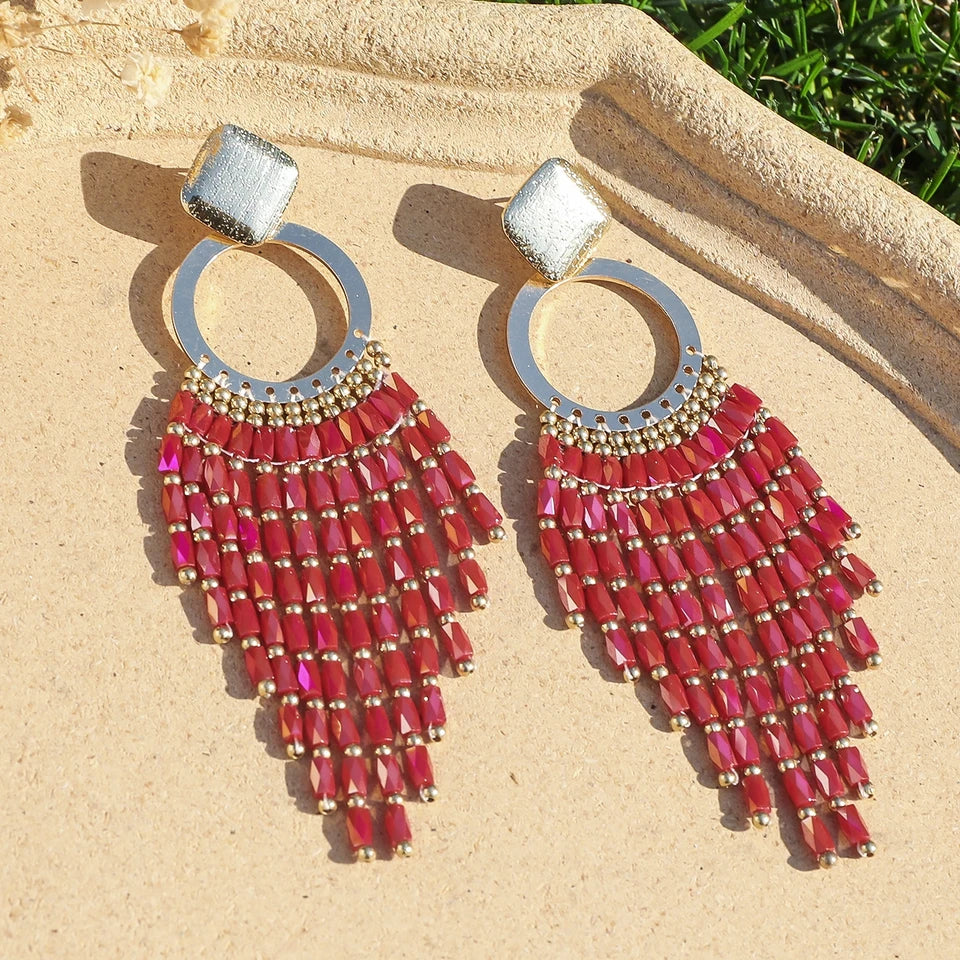 Women's Bohemian Ethnic Long Tassel Earrings with Crystal Beads Vintage Elegant Geometric Metal Drop Earrings Handmade Jewelry