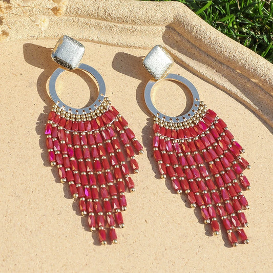 Women's Bohemian Ethnic Long Tassel Earrings with Crystal Beads Vintage Elegant Geometric Metal Drop Earrings Handmade Jewelry