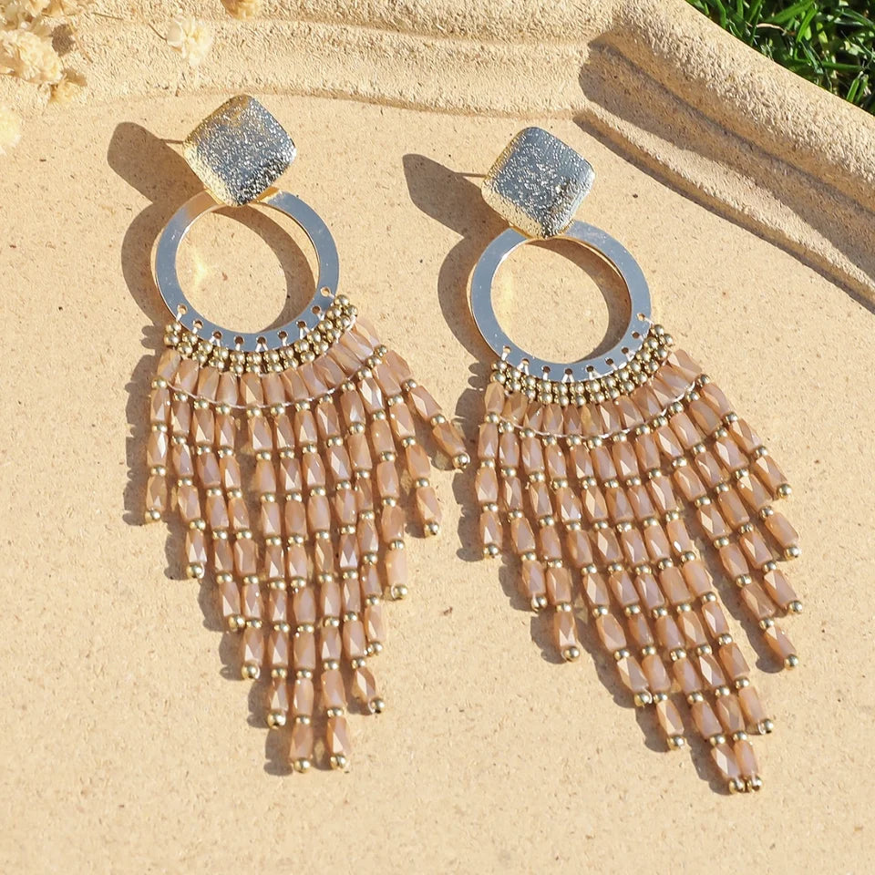 Women's Bohemian Ethnic Long Tassel Earrings with Crystal Beads Vintage Elegant Geometric Metal Drop Earrings Handmade Jewelry