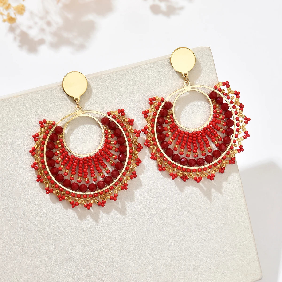 Bohemian Fan-Shaped Colored Bead Women's Earrings Retro Resort Style Unique Fashion Handmade Beaded Pendant Earrings
