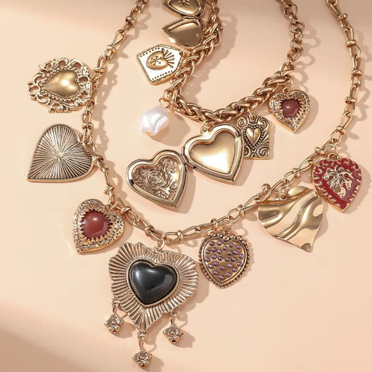 Women's Fashion Punk Double Layered Choker Necklace with Metal Heart Pendant Vintage Luxury Party Jewelry Gift