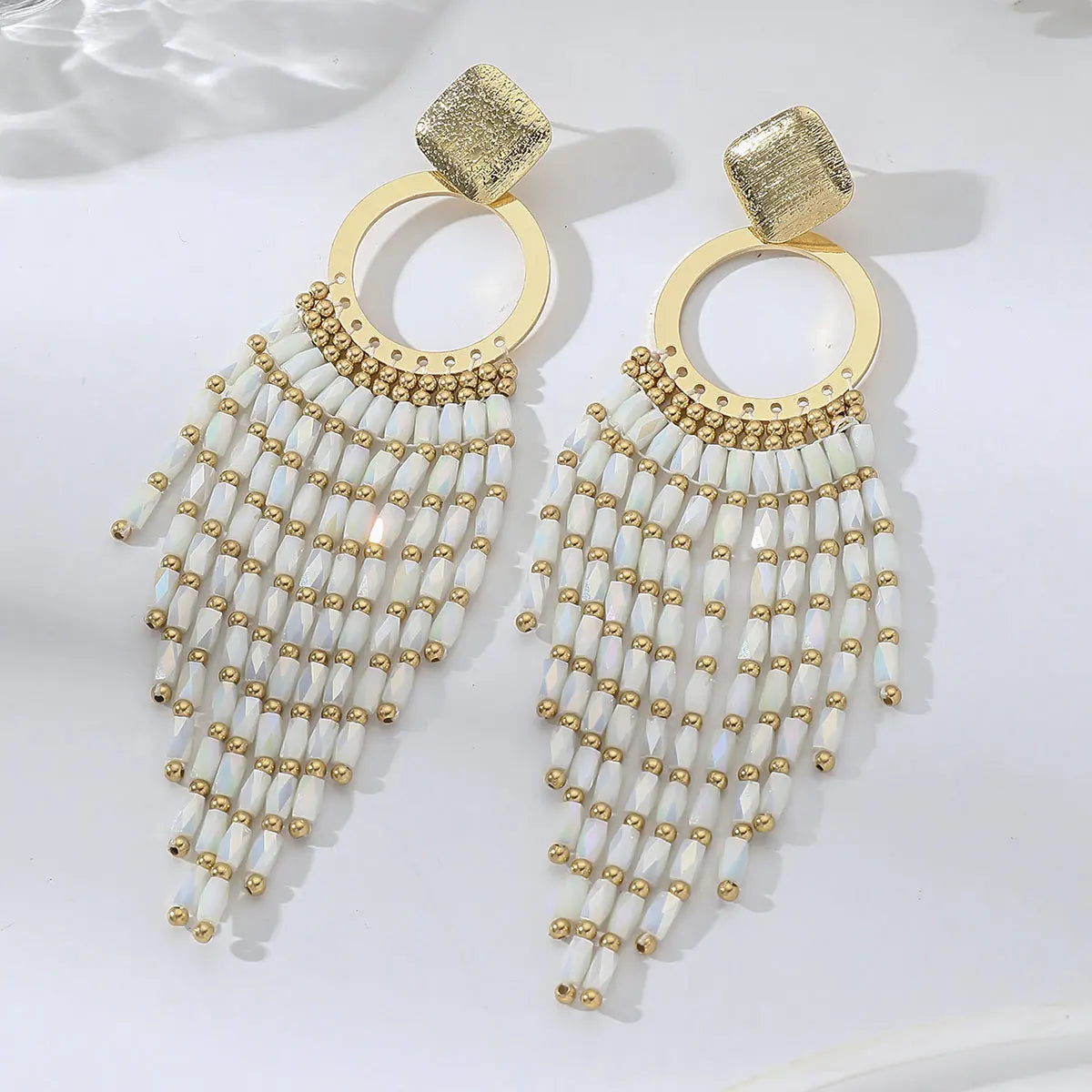 Women's Bohemian Ethnic Long Tassel Earrings with Crystal Beads Vintage Elegant Geometric Metal Drop Earrings Handmade Jewelry