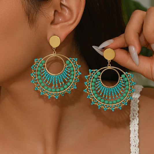 Bohemian Fan-Shaped Colored Bead Women's Earrings Retro Resort Style Unique Fashion Handmade Beaded Pendant Earrings
