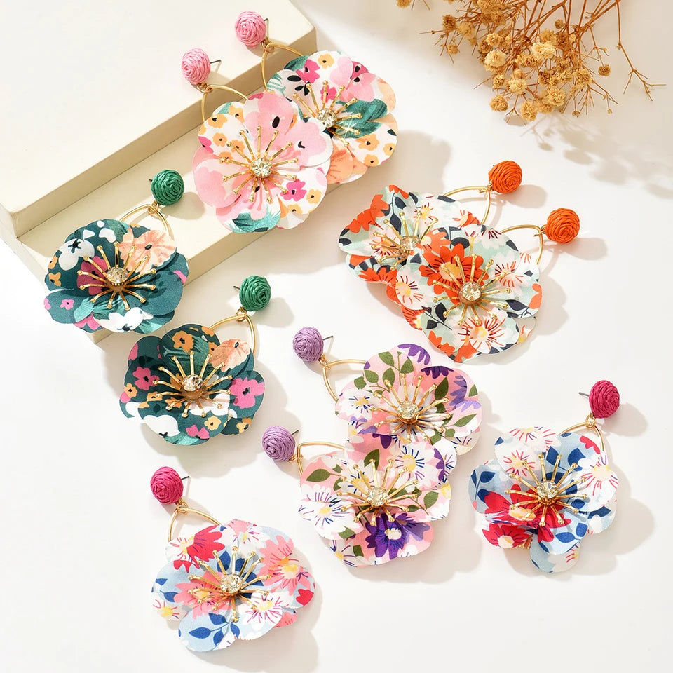 2026 New Bohemian Flower Earrings For Women Colorful Fabric Petal Dangle Earrings With Orange Raffia Stud Gold Hoop Statement Je