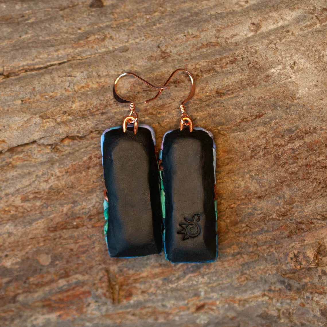 Blue & Purple Mosaic Art Earrings - Lightweight Rectangular Copper Dangles