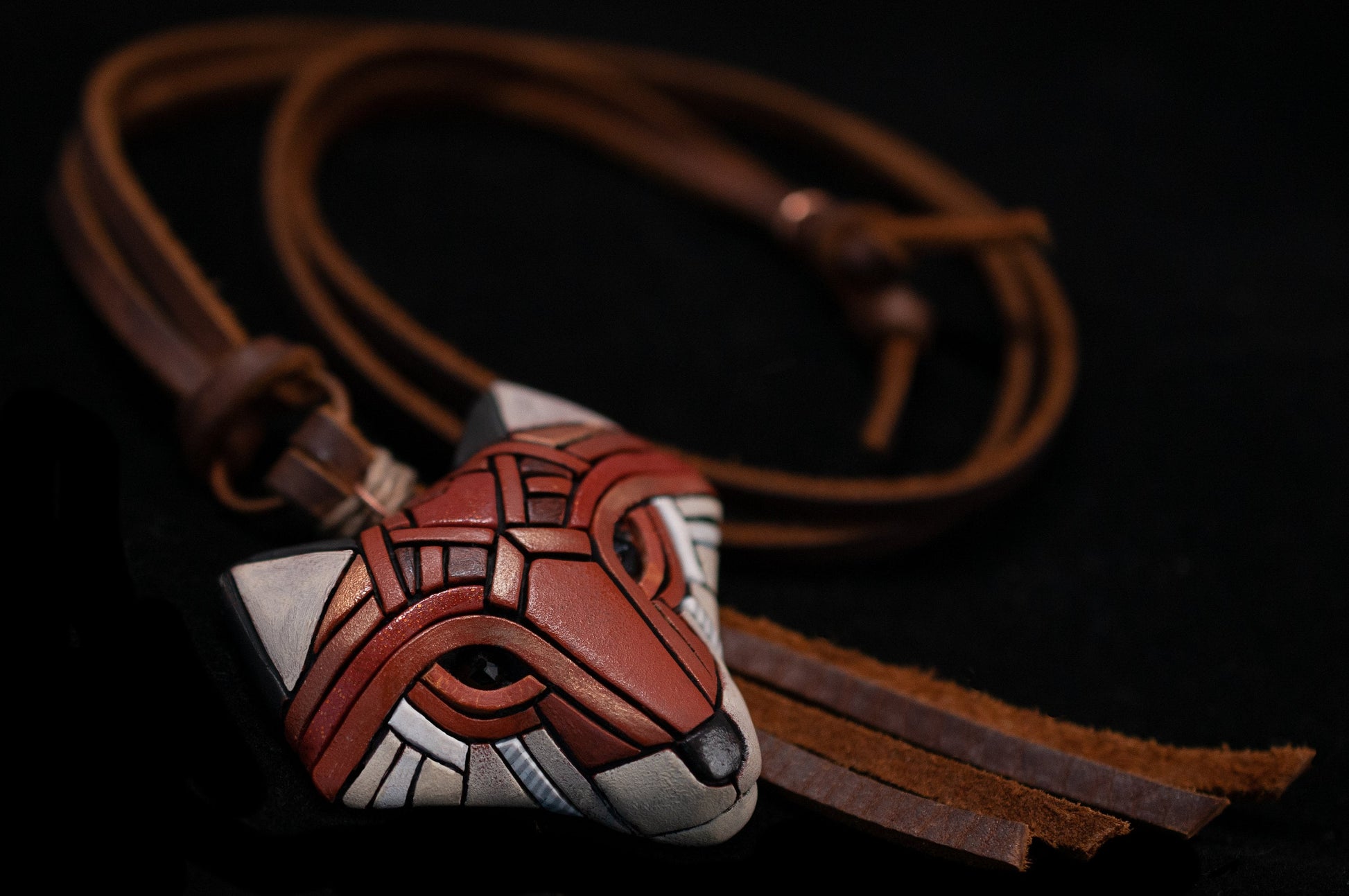 Red Fox Necklace, Rustic Western Spirit Animal, Mosaic art to wear, Unique gift idea, Adjustable-length Leather cord, Personalized option