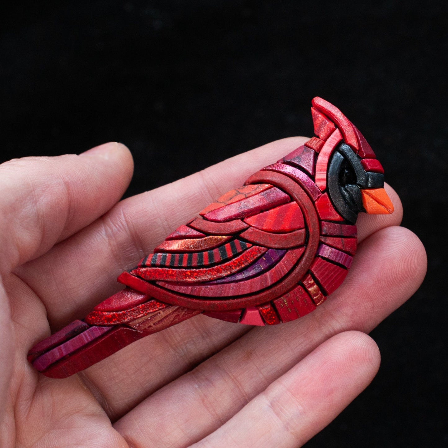 Cardinal Pin Brooch, Male or Female Bird, Red Mosaic Art to Wear, Festive Holiday Style, Unique Gift Idea for her, Nature Spirit Animal fly