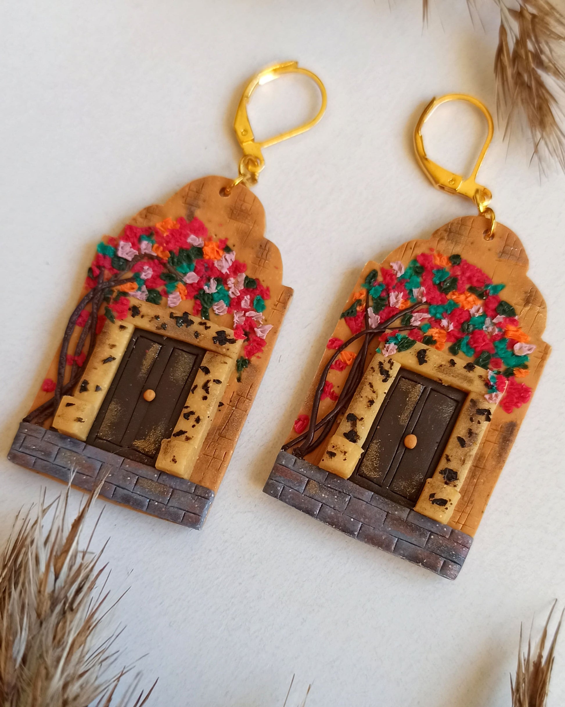 Handmade Polymer Clay Architecture Earrings: Pink Floral Landscape Jewelry
