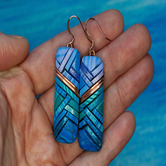 Earrings, Lavender Turquoise & Blue Ombre Mosaic Art with Genuine Copper Details, Rectangular Shape, Unique Gift Idea, Lightweight and Fun