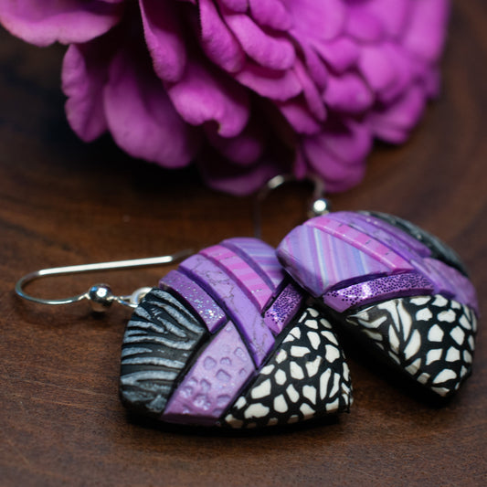 Pink purple mosaic earrings with black and white, Lightweight, Dangly, Abstract triangle, Sterling silver wires, Coordinates available
