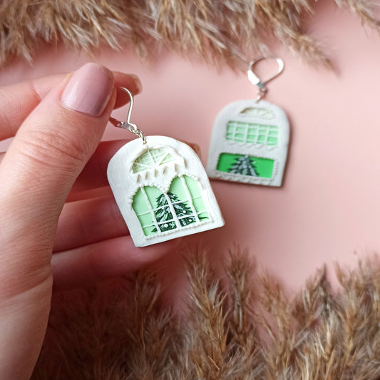 Avelli- Clay Festive Earring, Christmas Tree Earrings, White Silver Earrings, Christmas Jewellery, Winter House Dangle, Traveler woman gift
