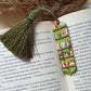 Green tassel bookmark: Handmade polymer clay book mark with small books and plants