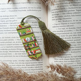 Green tassel bookmark: Handmade polymer clay book mark with small books and plants