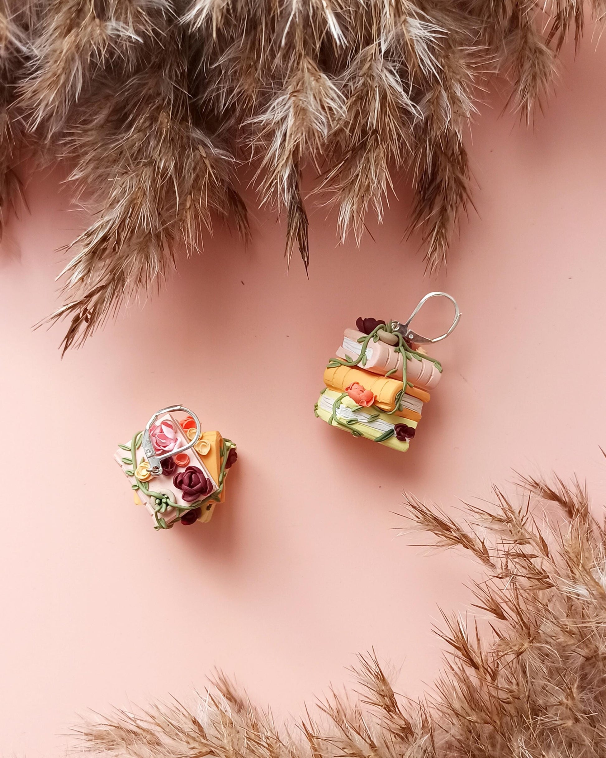Book stack earrings: Hypoallergenic polymer clay book dangles