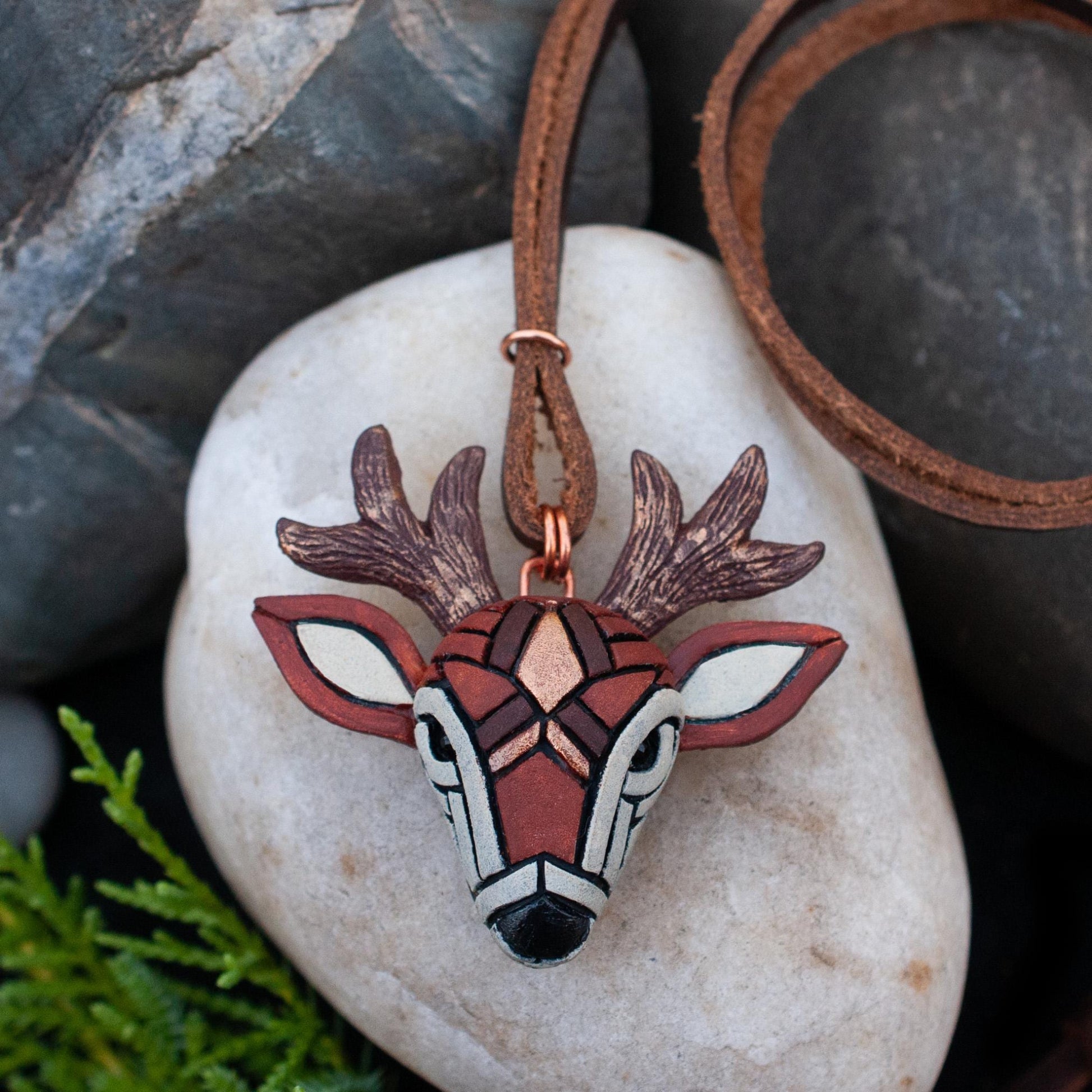 Deer Necklace, White Tailed Deer on Adjustable Leather Cord, Spirit Animal Amulet, Mosaic art design, Unique Gift Idea, Native American
