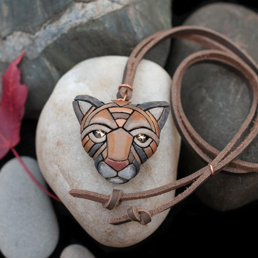 Cougar, AKA Mountain Lion & Puma Face Necklace on Leather, Wildcat Spirit Animal Head, Christmas Gift Idea, North American Native Species