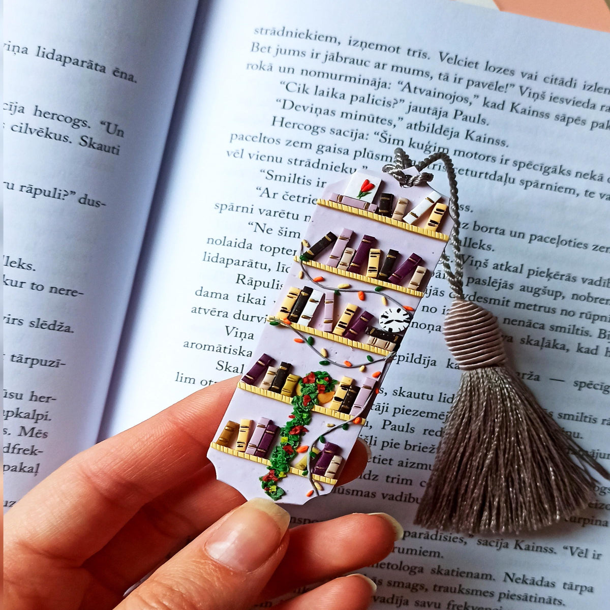 Handmade Christmas tassel bookmark: Purple polymer clay reading accesories