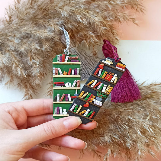 Winter Bookmark set: Green and black polymer clay tassel bookmarks with small books