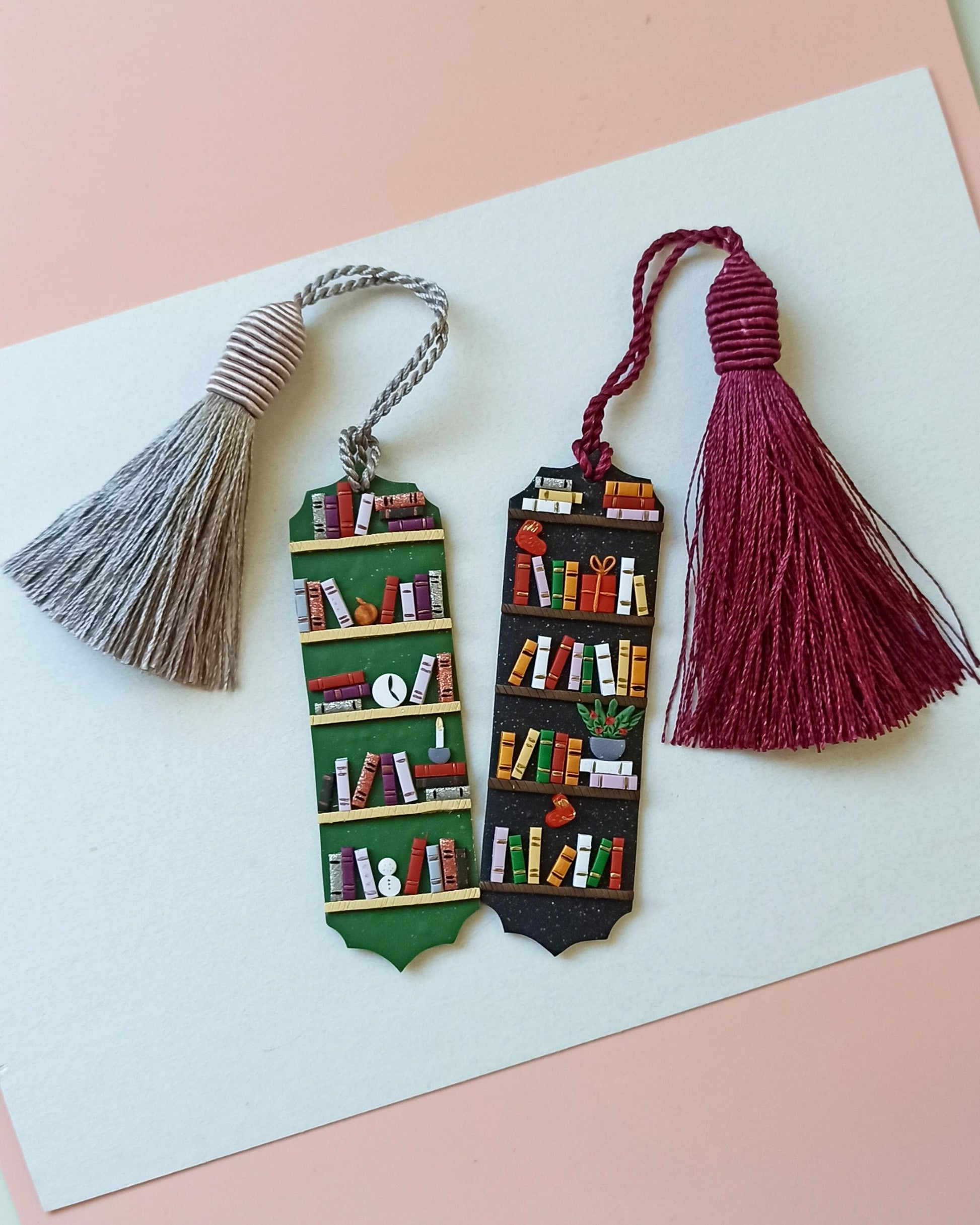 Winter Bookmark set: Green and black polymer clay tassel bookmarks with small books