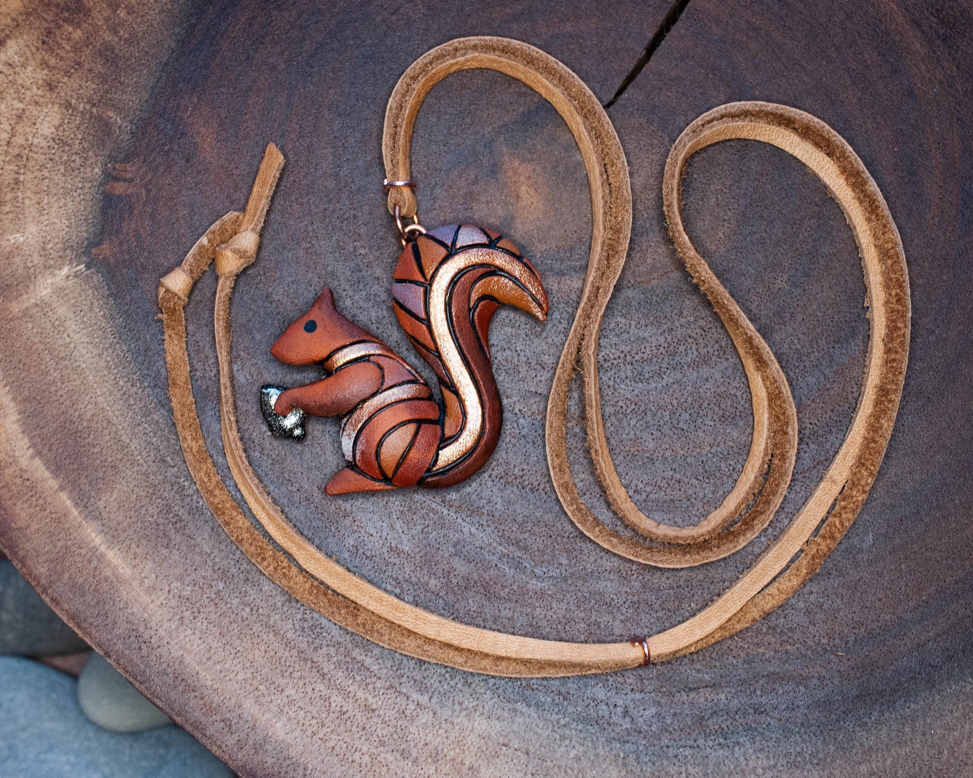 Squirrel Necklace or Ornament on Adjustable-length Leather or Chain, Spirit Animal Mosaic Totem, Cute Gift Idea for Backyard Animal Lover,