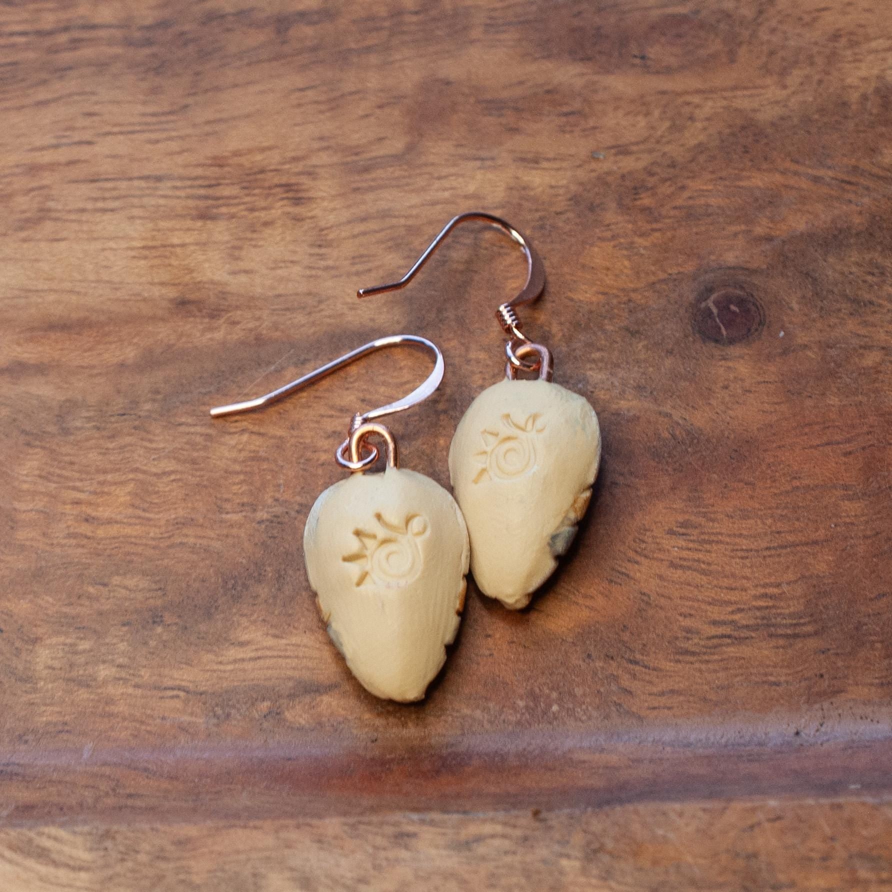 Leaf Earrings, Neutrals, Tiny & Cute, Feather Light and Dangly, Genuine Copper Wires, Clay Mosaic, Unique Gift Idea, Matching White Bison