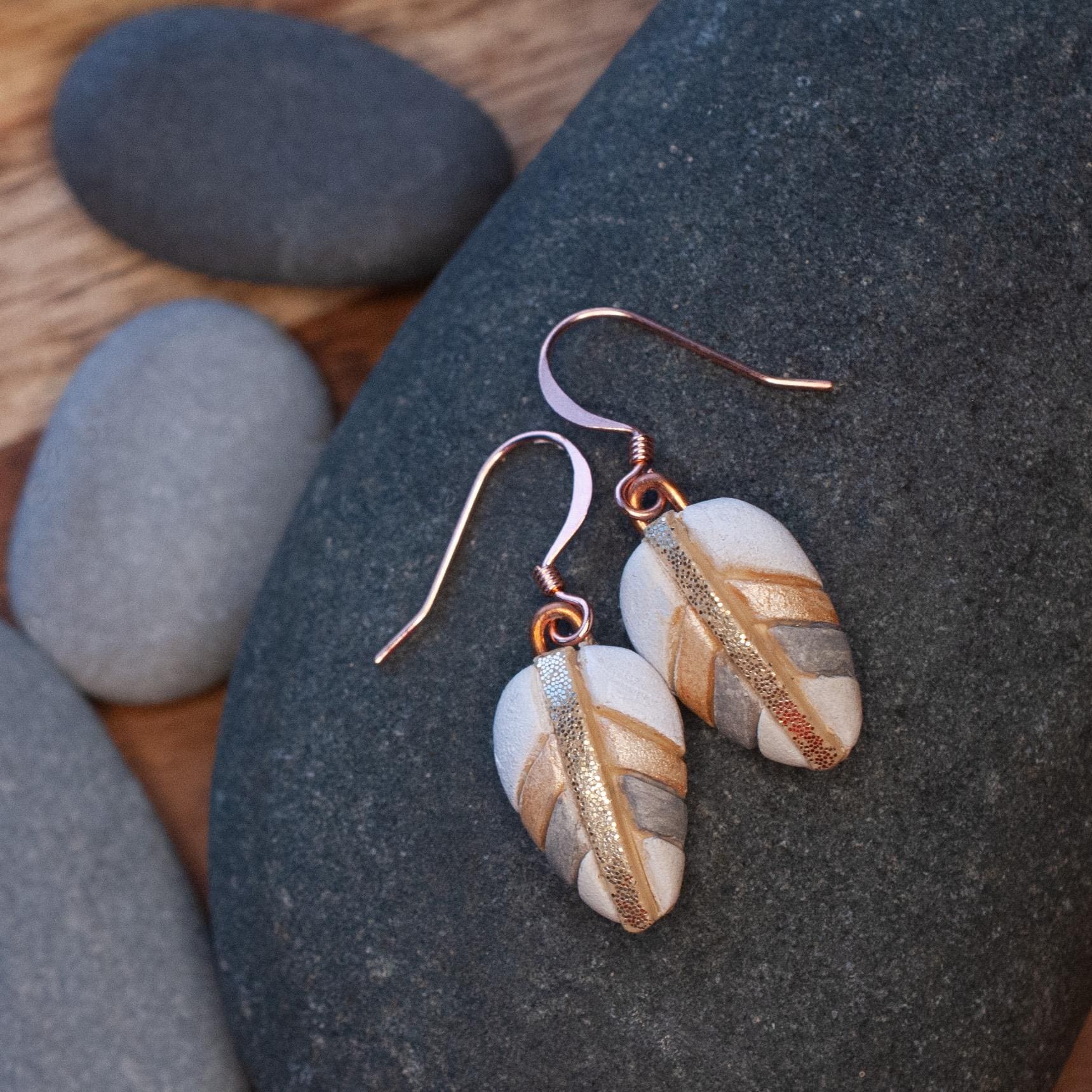 Leaf Earrings, Neutrals, Tiny & Cute, Feather Light and Dangly, Genuine Copper Wires, Clay Mosaic, Unique Gift Idea, Matching White Bison