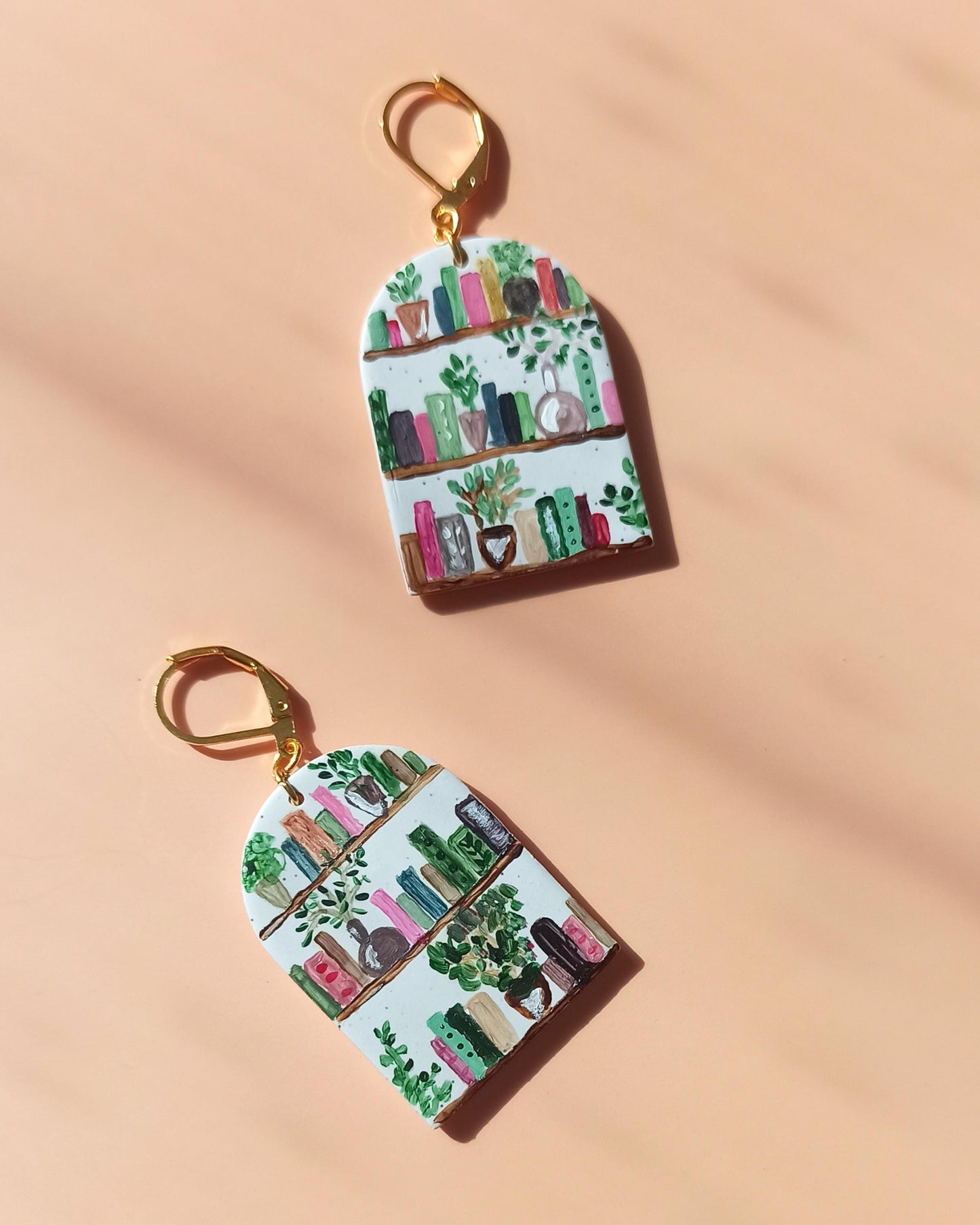 Hand painted bookshelf dangle earrings / literary girls gift ideas / polymer clay earrings