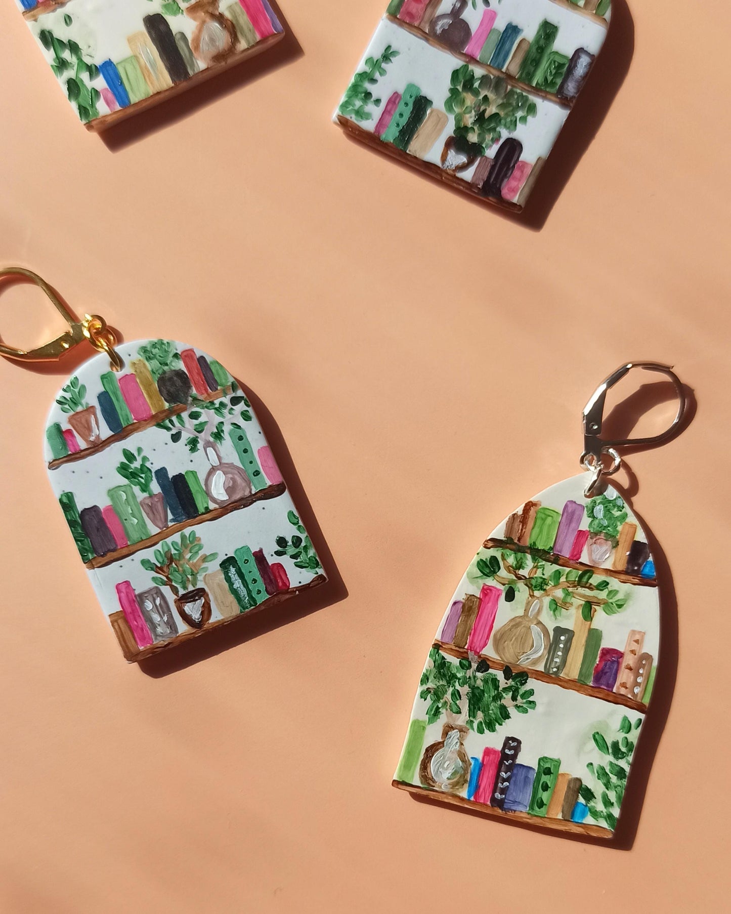 Hand painted bookshelf dangle earrings / literary girls gift ideas / polymer clay earrings