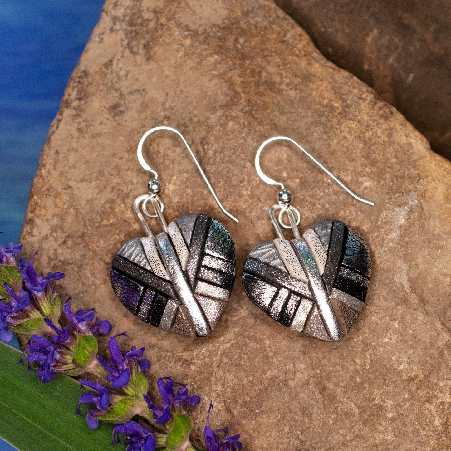 Chrome Heart Earrings – Shiny Silver Mosaic Hearts on Sterling Silver Ear wires – Trendy Lightweight Dangly Earrings, Handmade Jewelry Gift