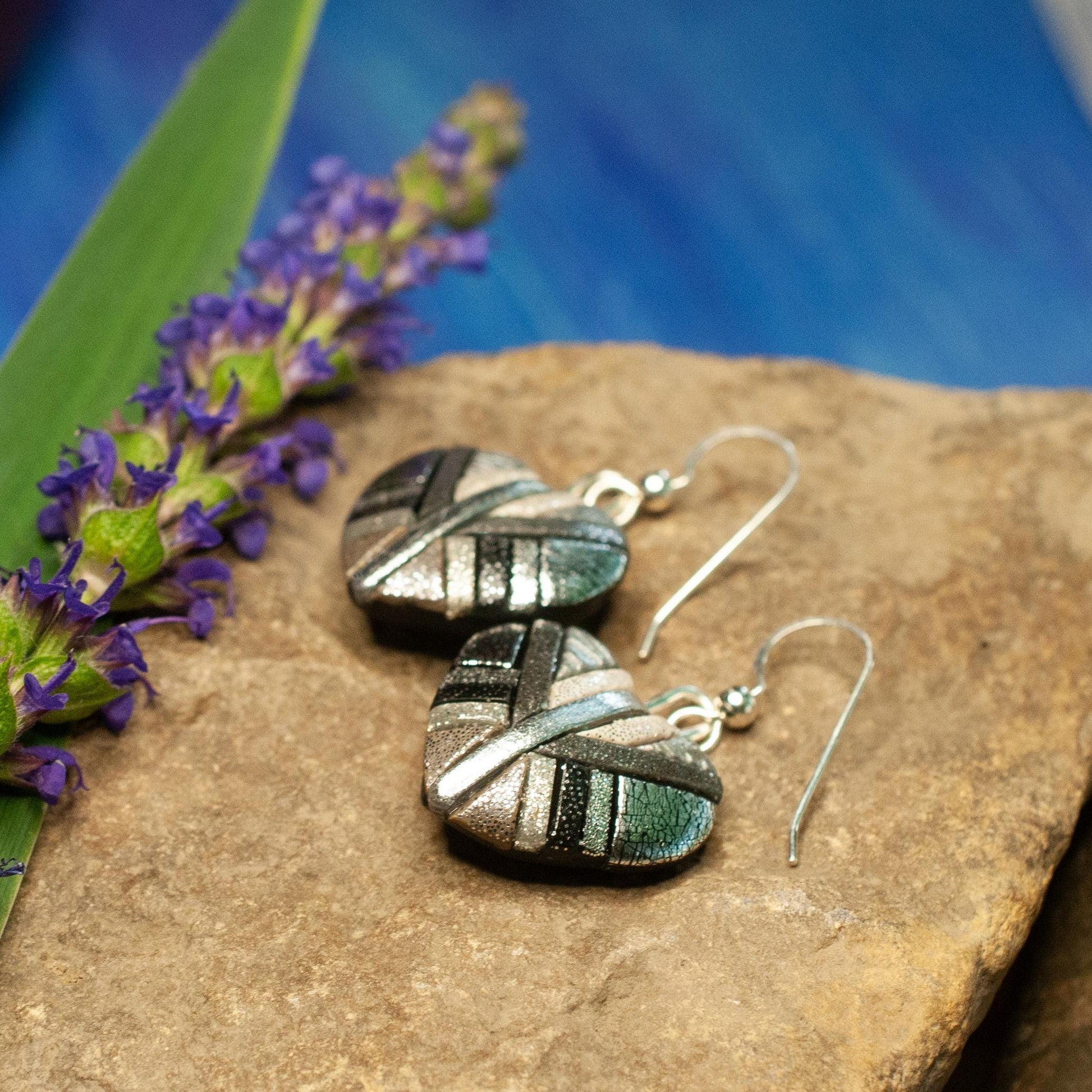 Chrome Heart Earrings – Shiny Silver Mosaic Hearts on Sterling Silver Ear wires – Trendy Lightweight Dangly Earrings, Handmade Jewelry Gift