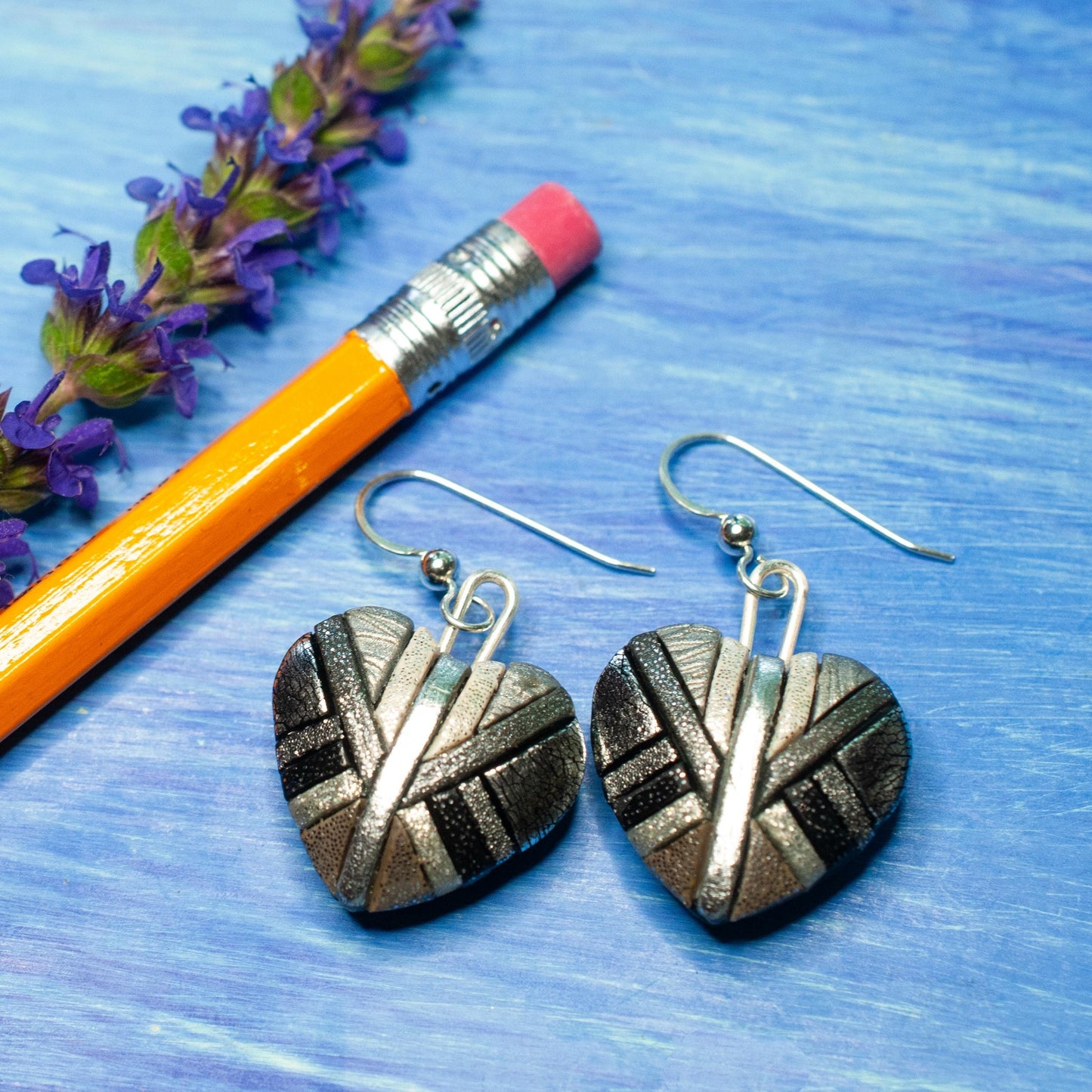 Chrome Heart Earrings – Shiny Silver Mosaic Hearts on Sterling Silver Ear wires – Trendy Lightweight Dangly Earrings, Handmade Jewelry Gift