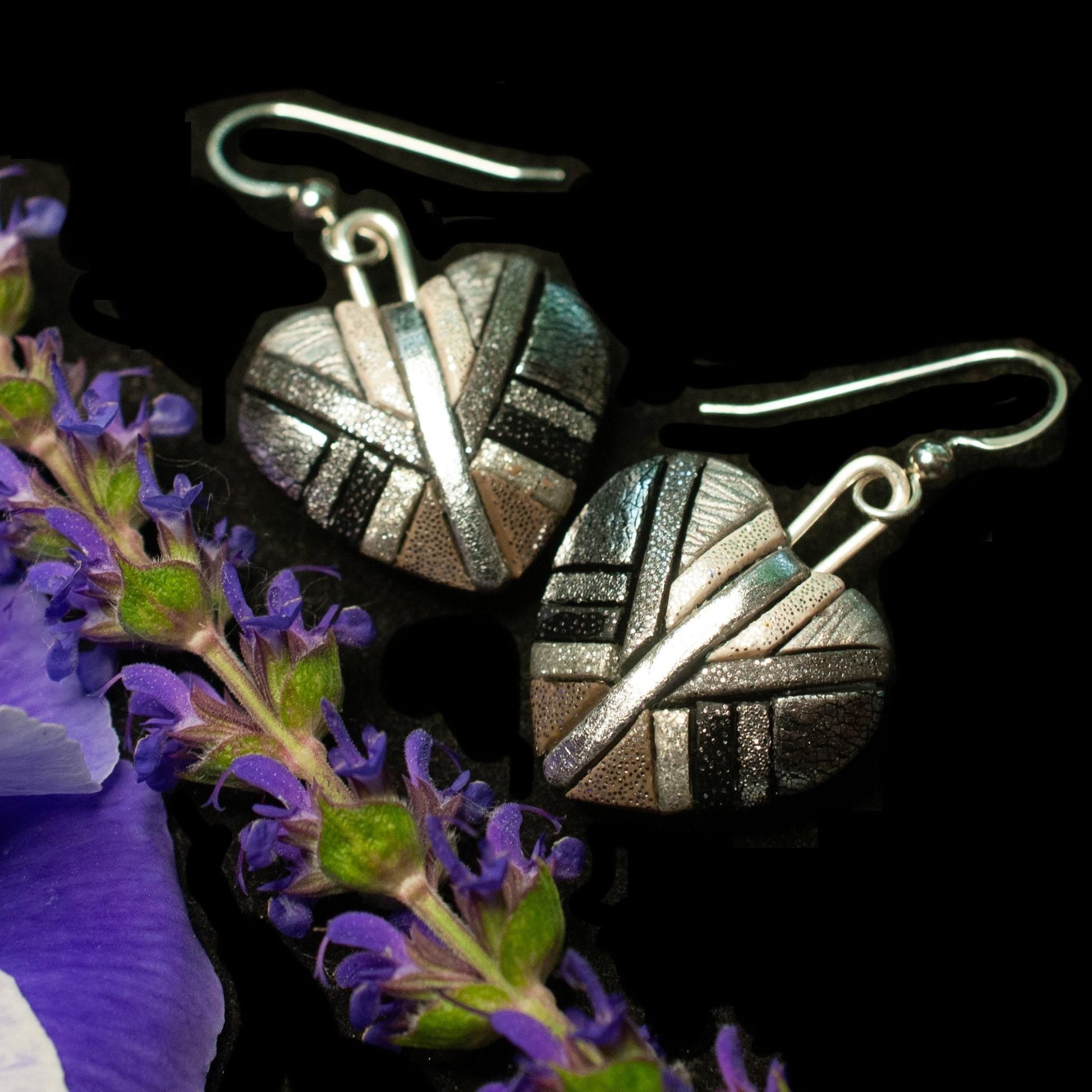 Chrome Heart Earrings – Shiny Silver Mosaic Hearts on Sterling Silver Ear wires – Trendy Lightweight Dangly Earrings, Handmade Jewelry Gift