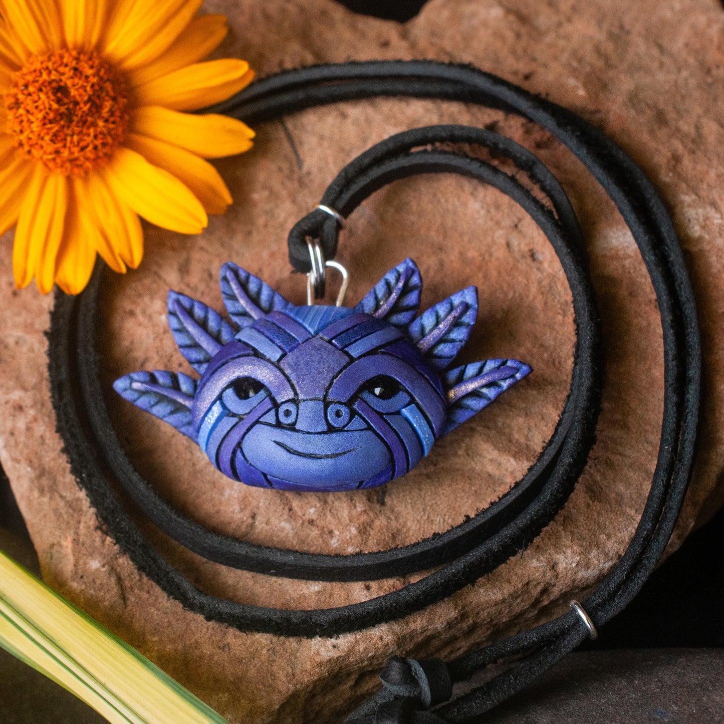 Axolotl Necklace in Violet, Black Adjustable-Length Leather Cord, Purple Mosaic Spirit Animal, Unique Gift Idea, Mexican Symbol, Super Cute