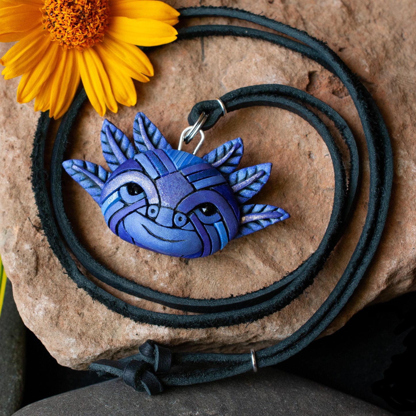 Axolotl Necklace in Violet, Black Adjustable-Length Leather Cord, Purple Mosaic Spirit Animal, Unique Gift Idea, Mexican Symbol, Super Cute