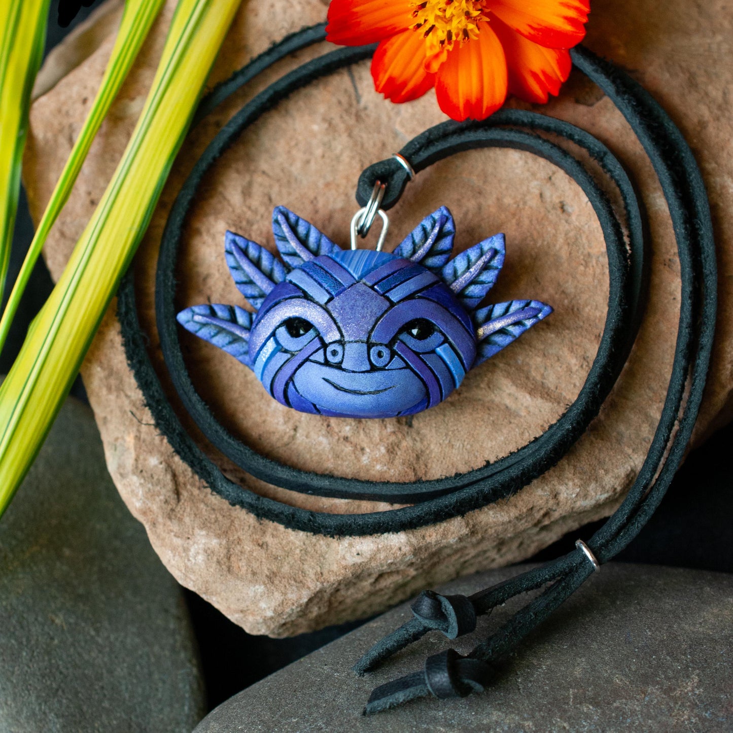 Axolotl Necklace in Violet, Black Adjustable-Length Leather Cord, Purple Mosaic Spirit Animal, Unique Gift Idea, Mexican Symbol, Super Cute