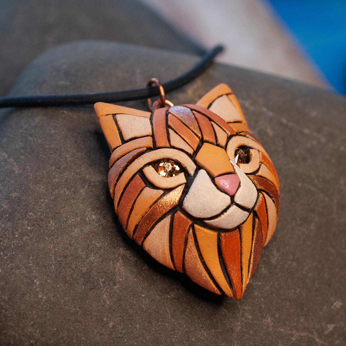 Ginger Cat Pendant Necklace: Polymer Clay Mosaic Jewelry, Swarovski Crystal Eyes
