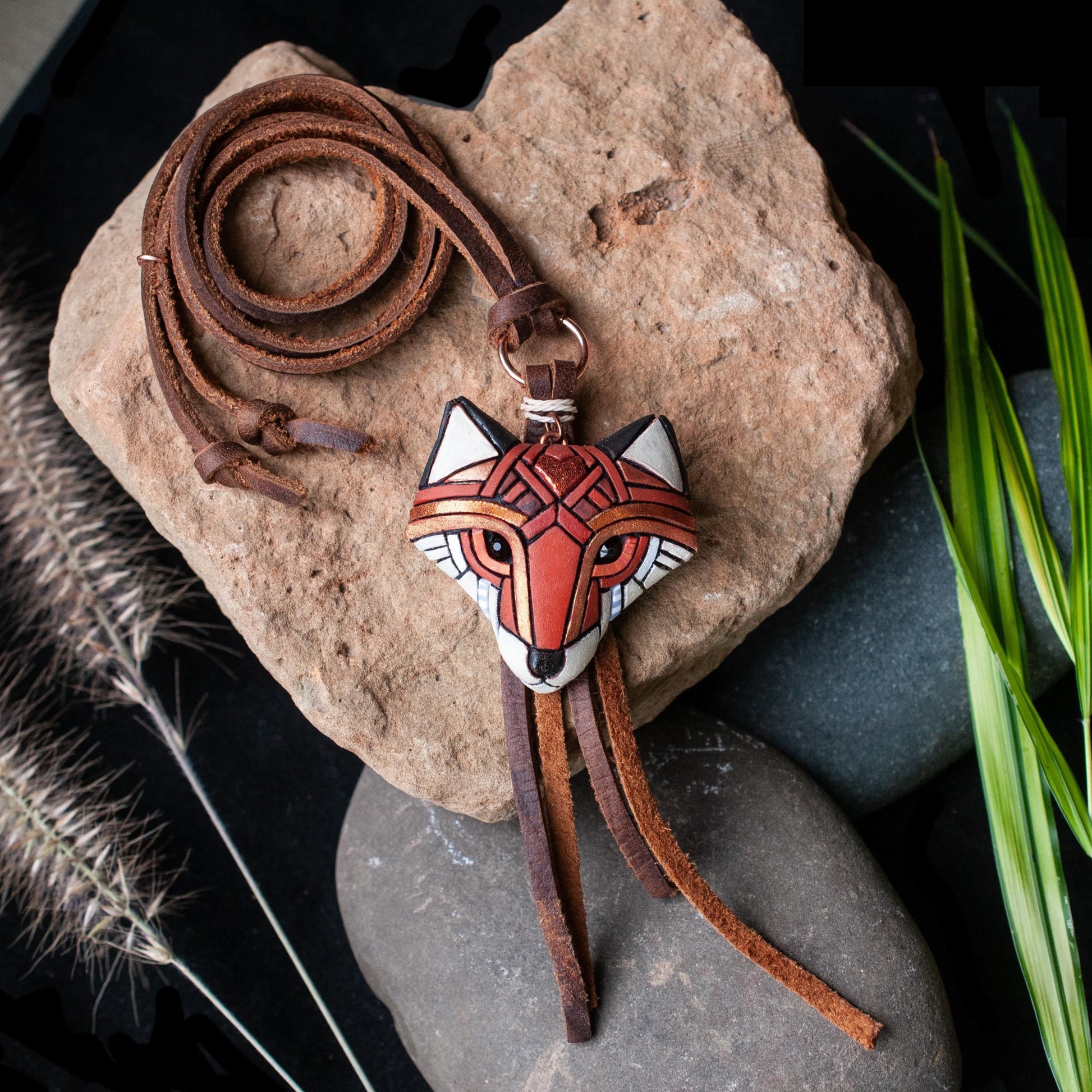 Red Fox Necklace, Rustic Western Spirit Animal, Mosaic art to wear, Unique gift idea, Adjustable-length Leather cord, Personalized option