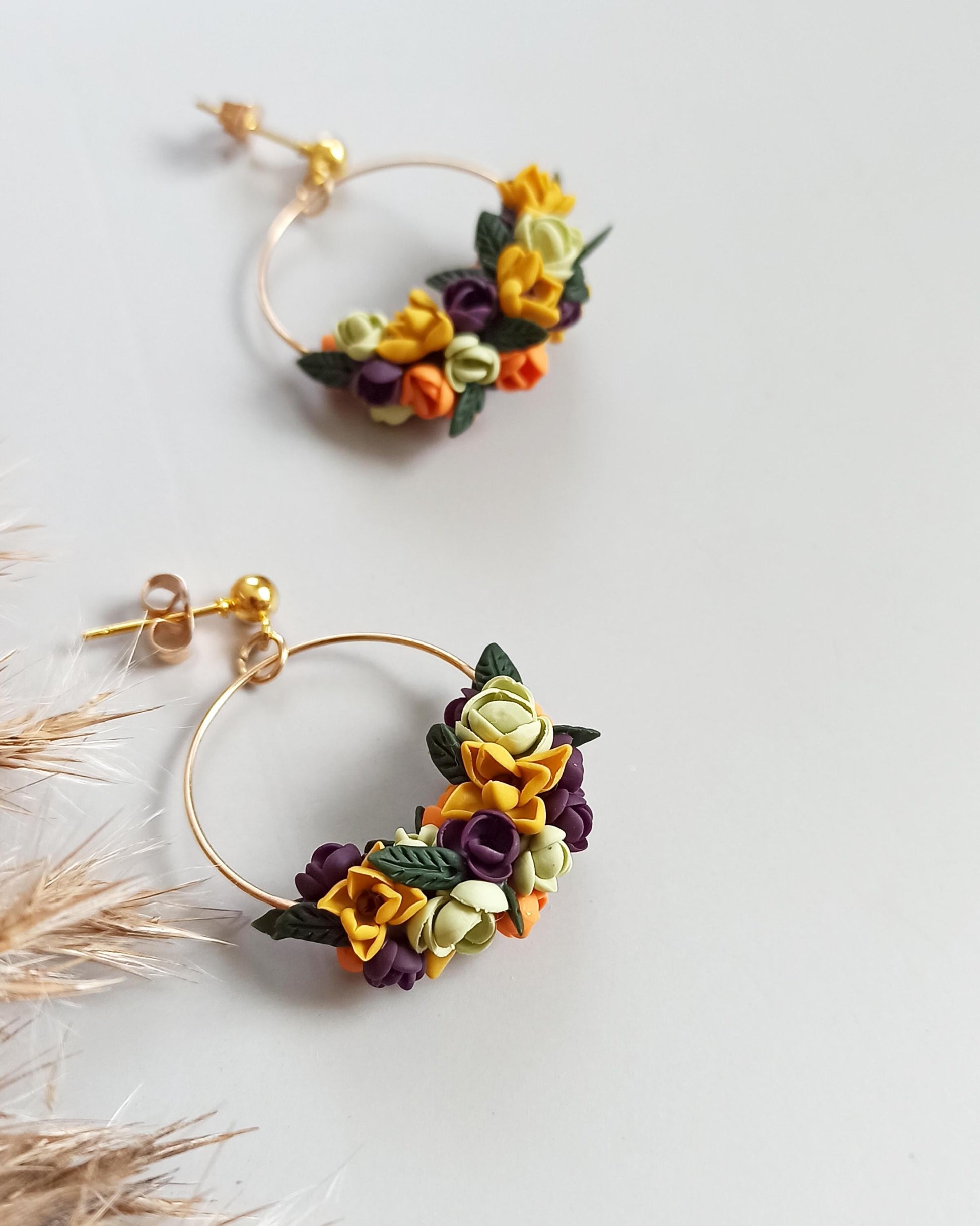 Handmade Fall Flower Hoop Earrings: Polymer Clay Sunflower Jewelry