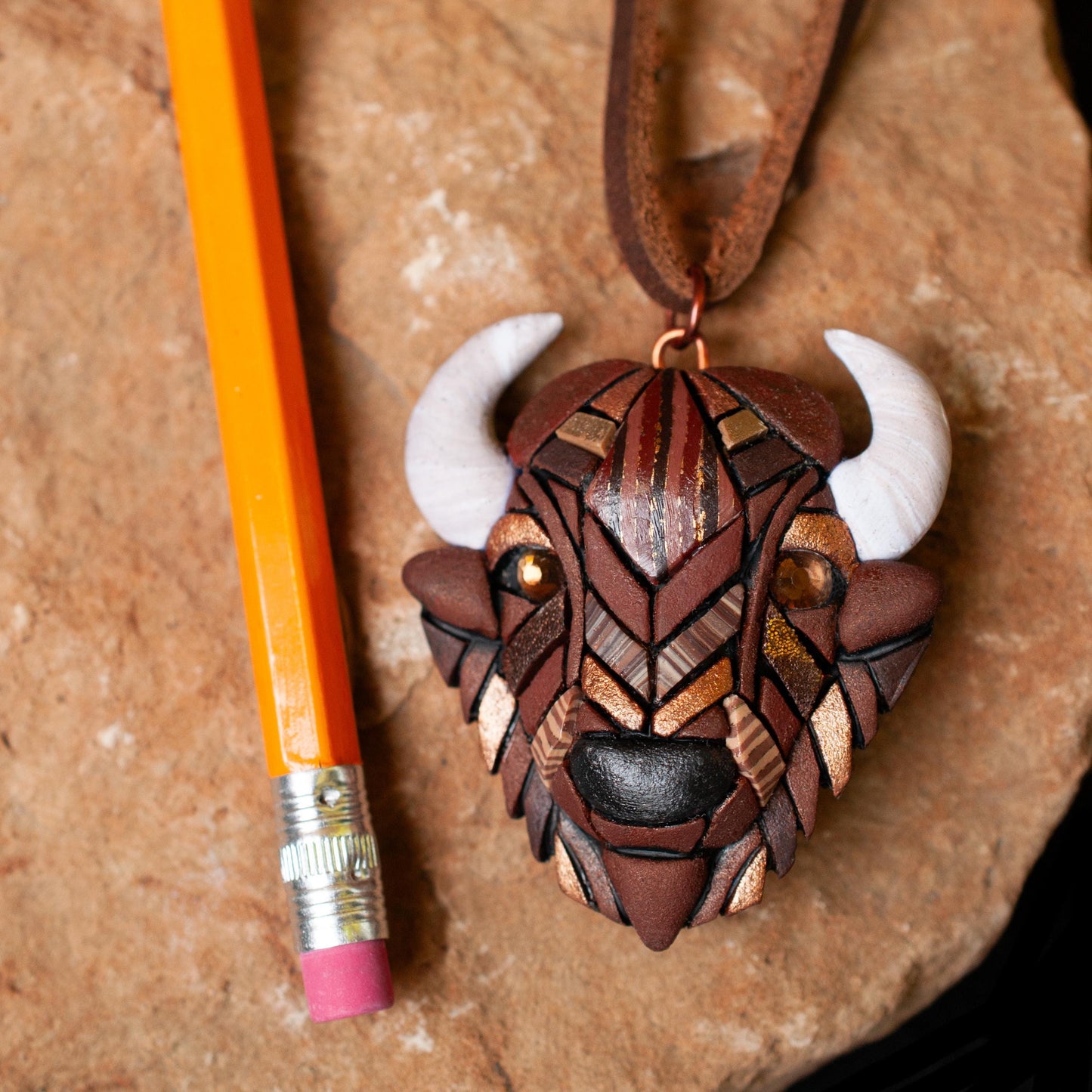 Bison Ornament, Rustic Buffalo Decoration on Western Style Leather Cord