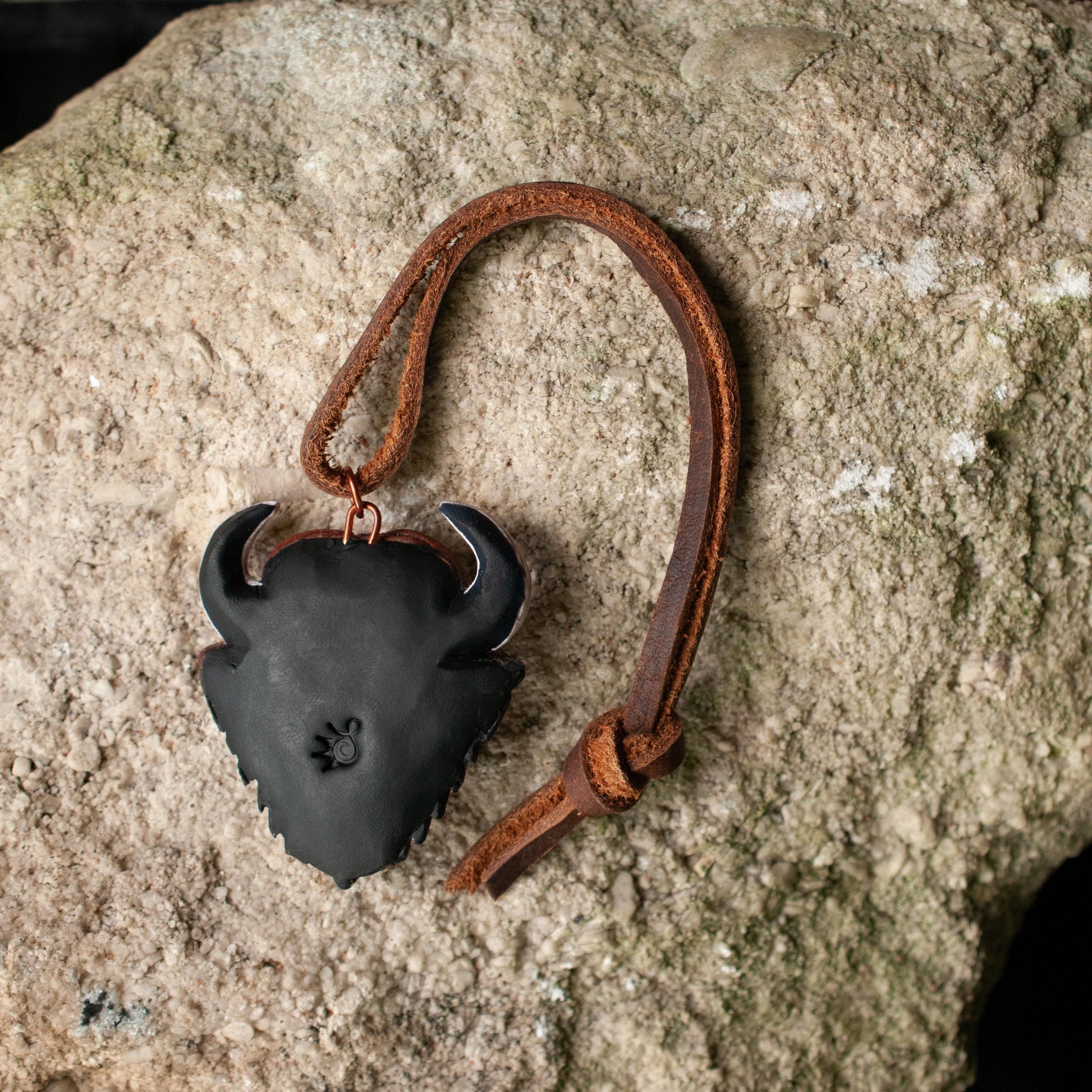 Bison Ornament, Rustic Buffalo Decoration on Western Style Leather Cord