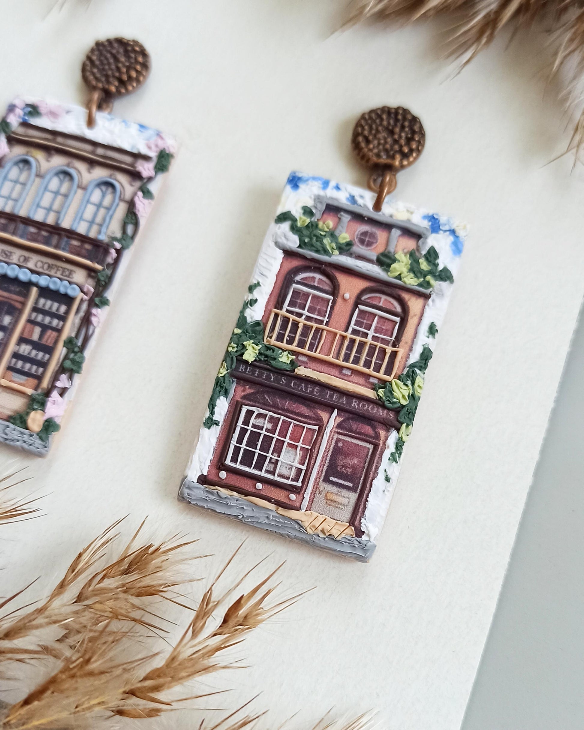 Avelli -LANDSCAPE EARRINGS: Coffee lover gift, polymer clay houses