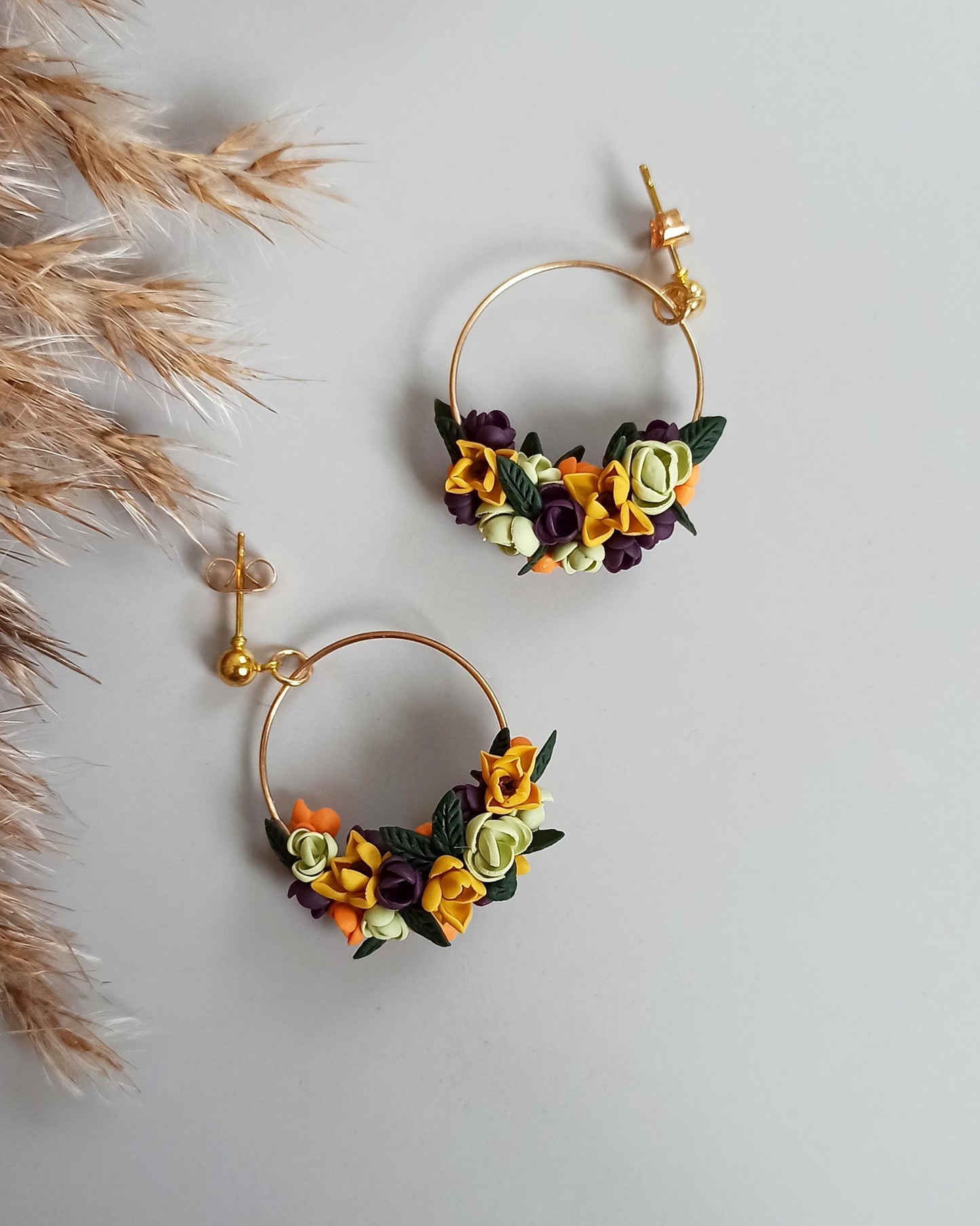 Handmade Fall Flower Hoop Earrings: Polymer Clay Sunflower Jewelry