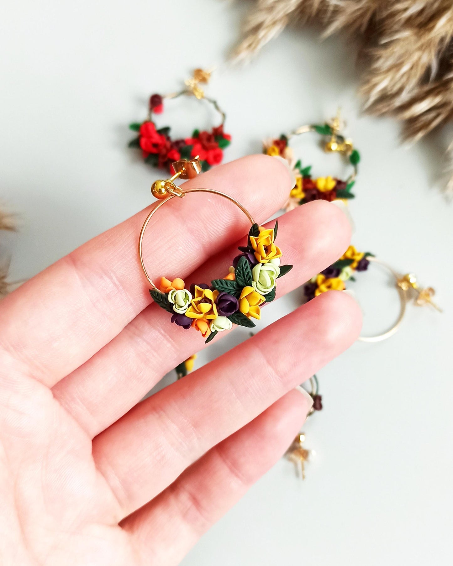 Handmade Fall Flower Hoop Earrings: Polymer Clay Sunflower Jewelry