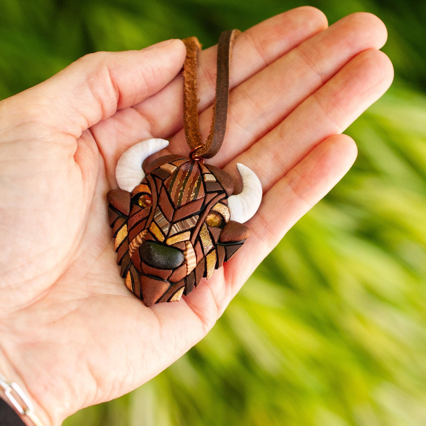 Bison Ornament, Rustic Buffalo Decoration on Western Style Leather Cord