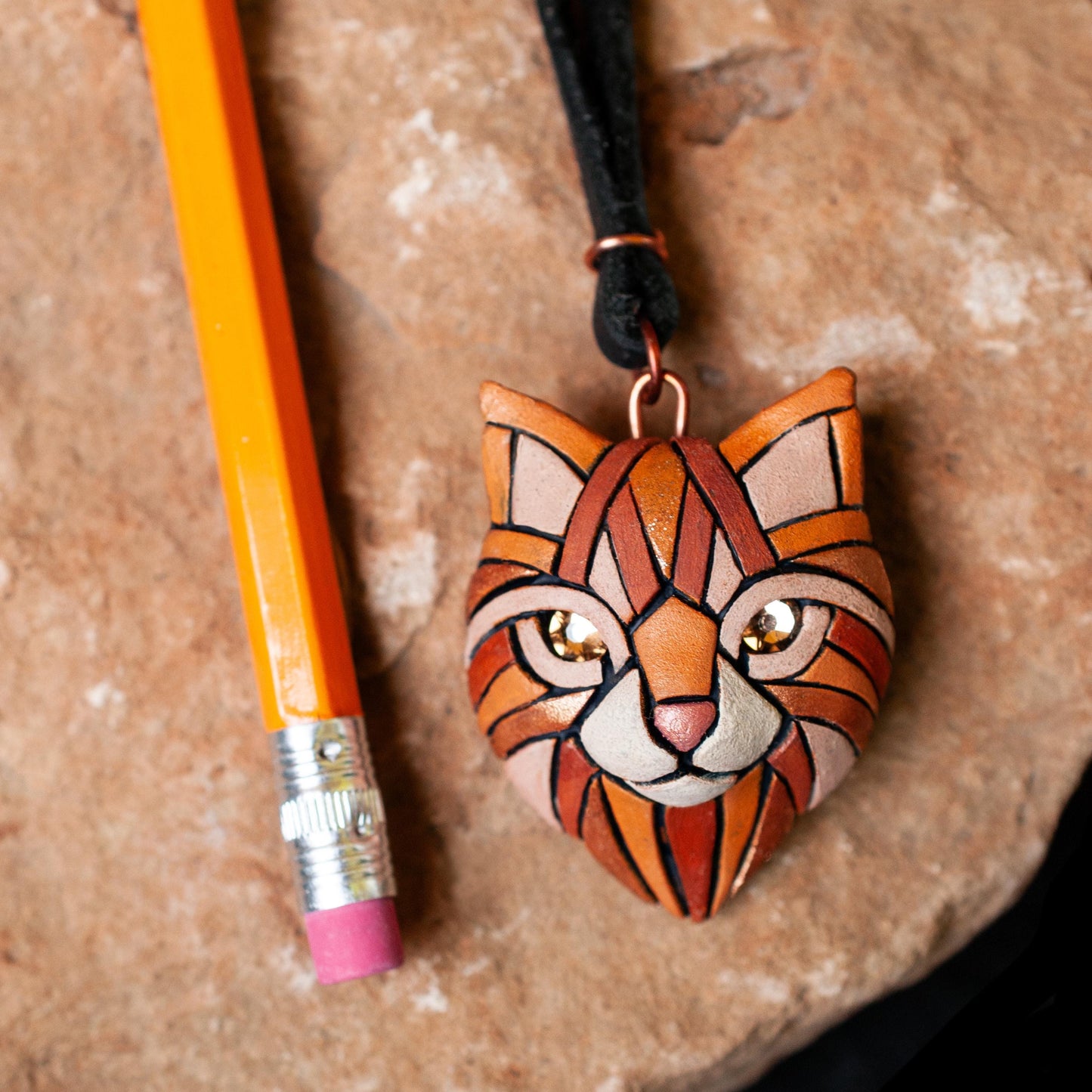 Ginger Cat Pendant Necklace: Polymer Clay Mosaic Jewelry, Swarovski Crystal Eyes