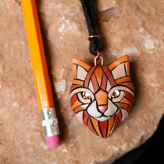 Ginger Cat Pendant Necklace: Polymer Clay Mosaic Jewelry, Swarovski Crystal Eyes