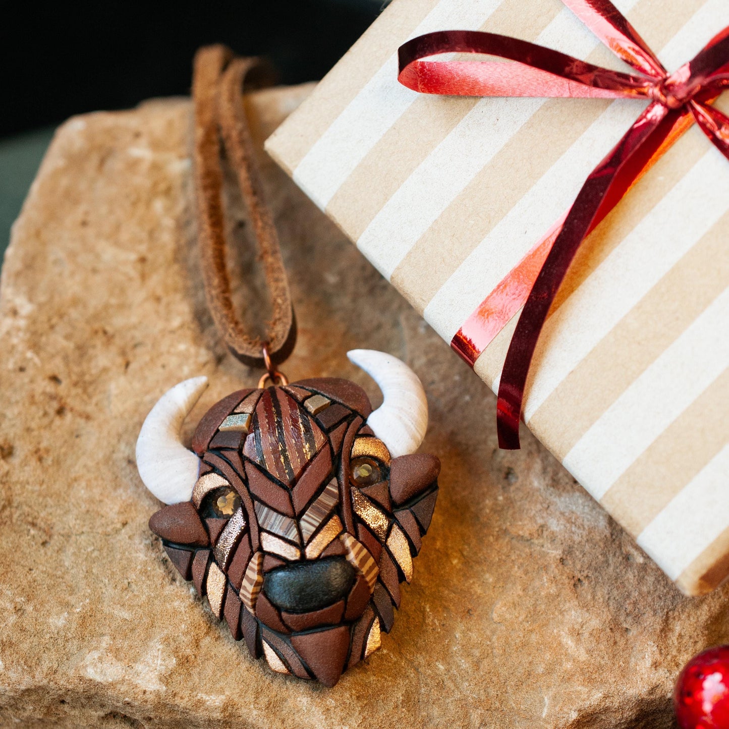 Bison Ornament, Rustic Buffalo Decoration on Western Style Leather Cord