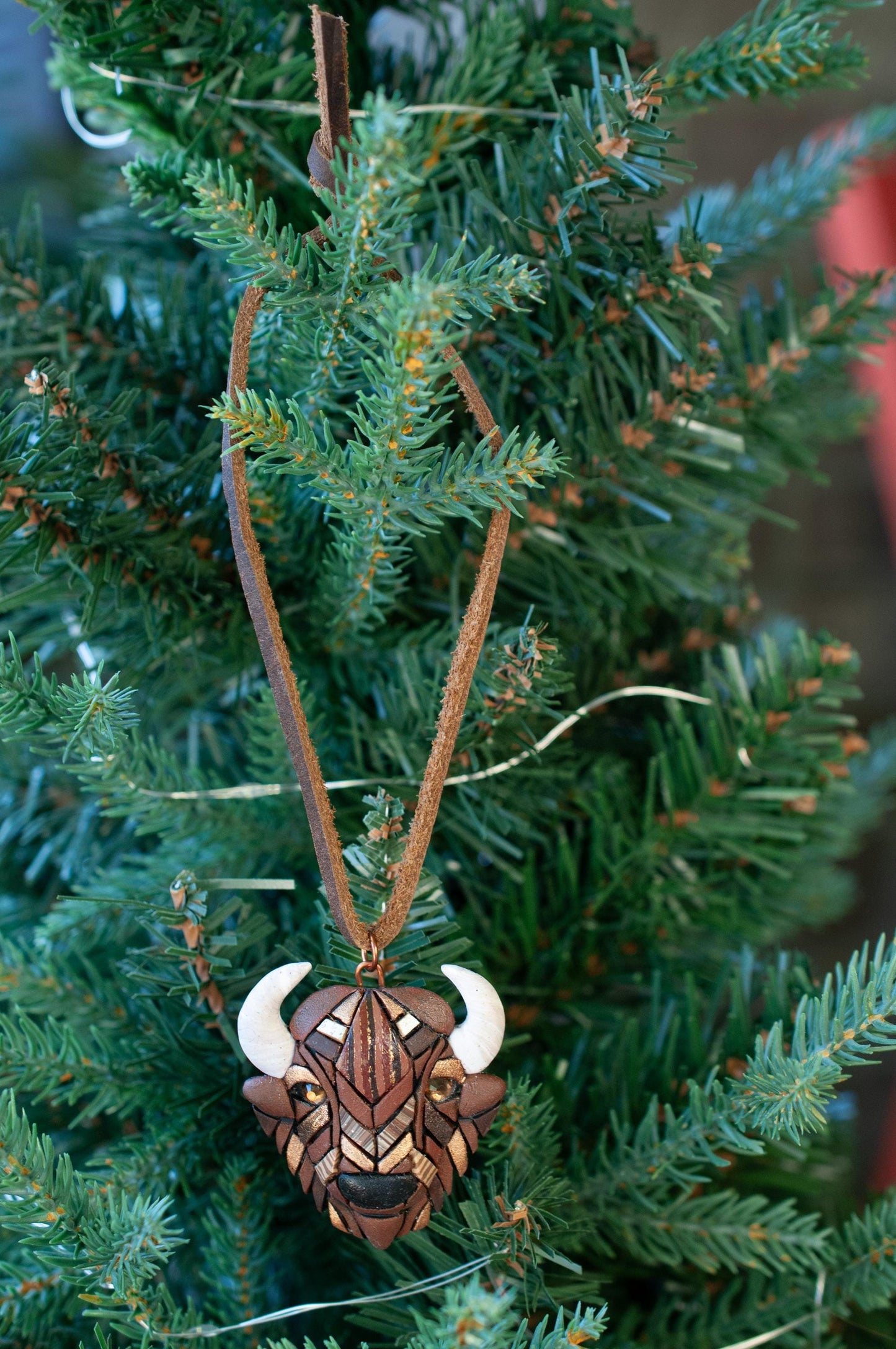 Bison Ornament, Rustic Buffalo Decoration on Western Style Leather Cord